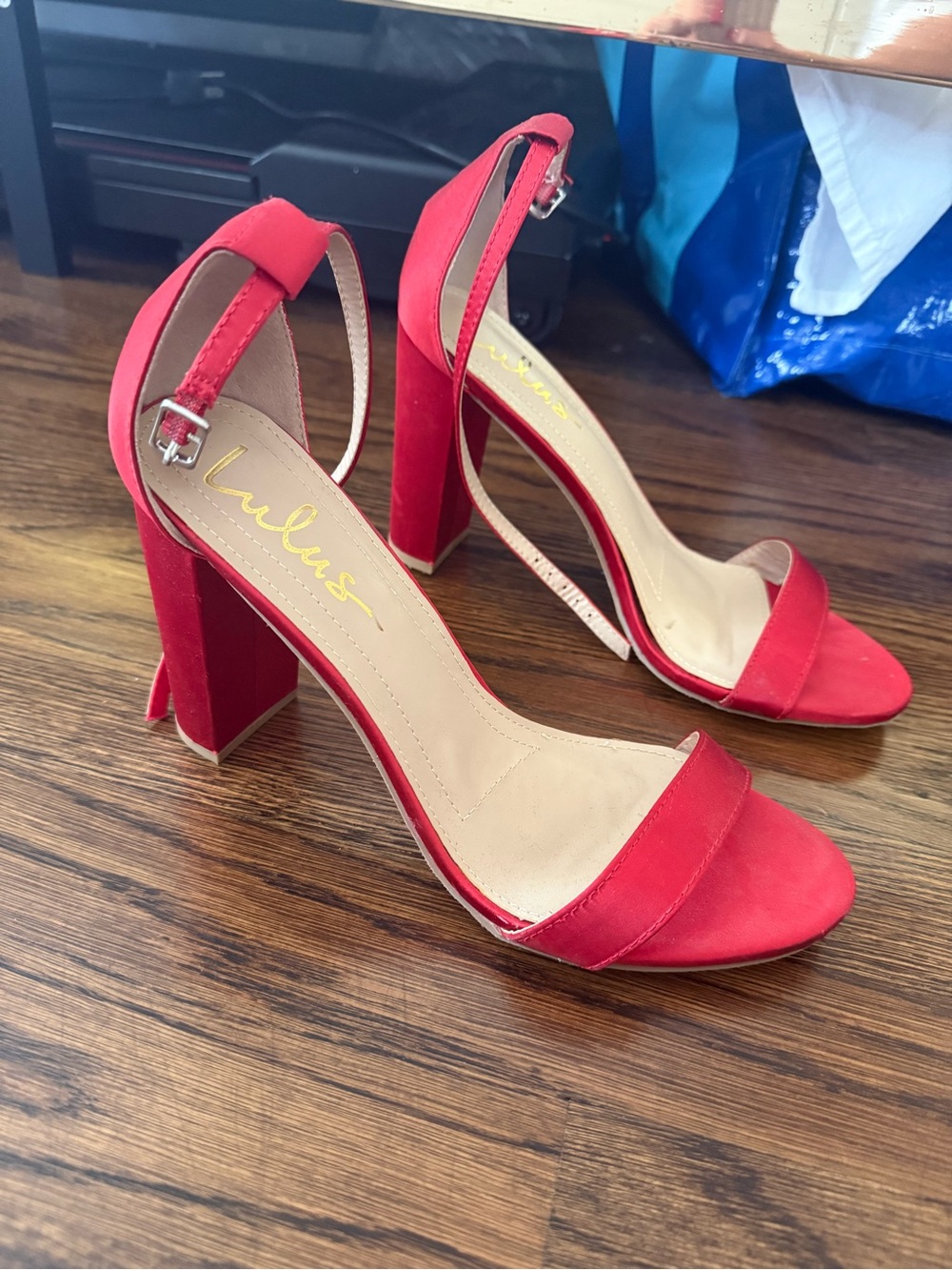 Lulu's Red Satin Block Heel Sandals with Ankle Strap